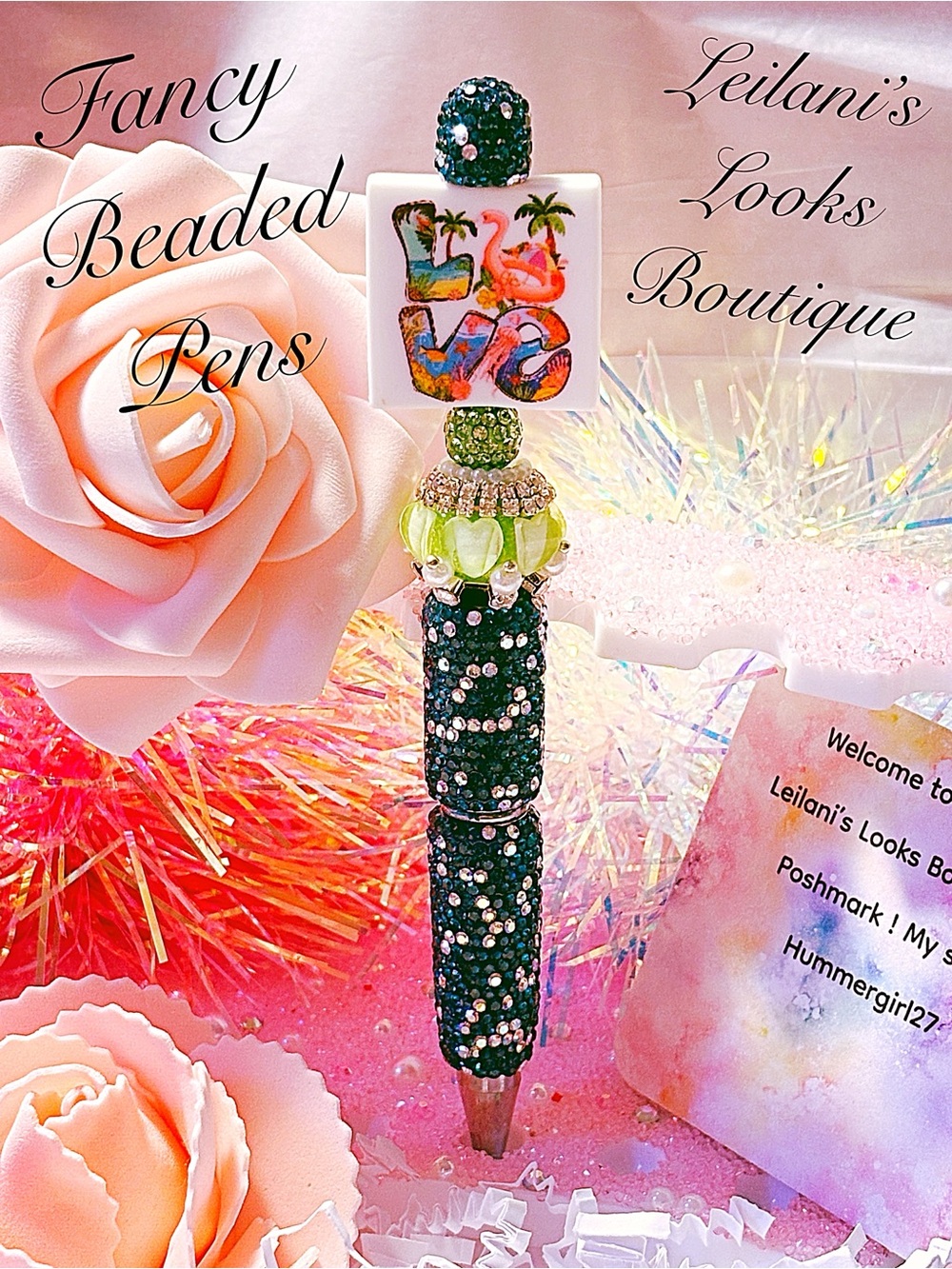 Fancy Beaded Decorative Pen - Green/Flamingo/tropical/green beads/